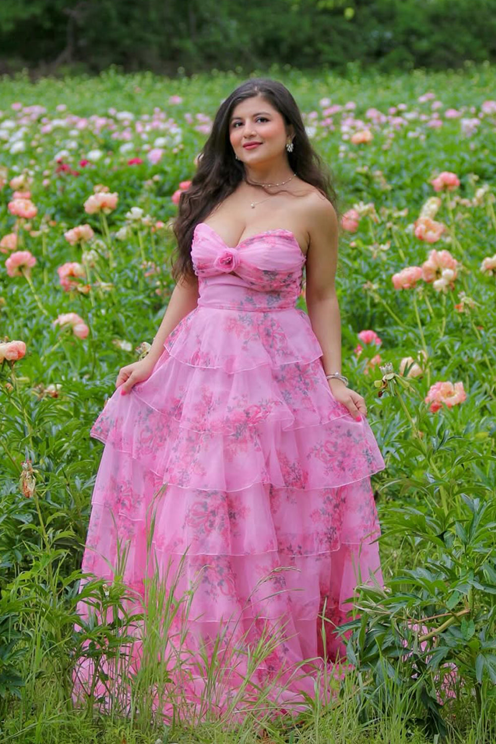Blush Corset Floral Tiered A-Line Prom Dress with Slit