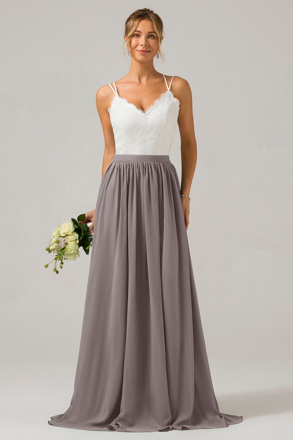 Silver A-Line Spaghetti Straps Pleated Long Bridesmaid Dress With Lace