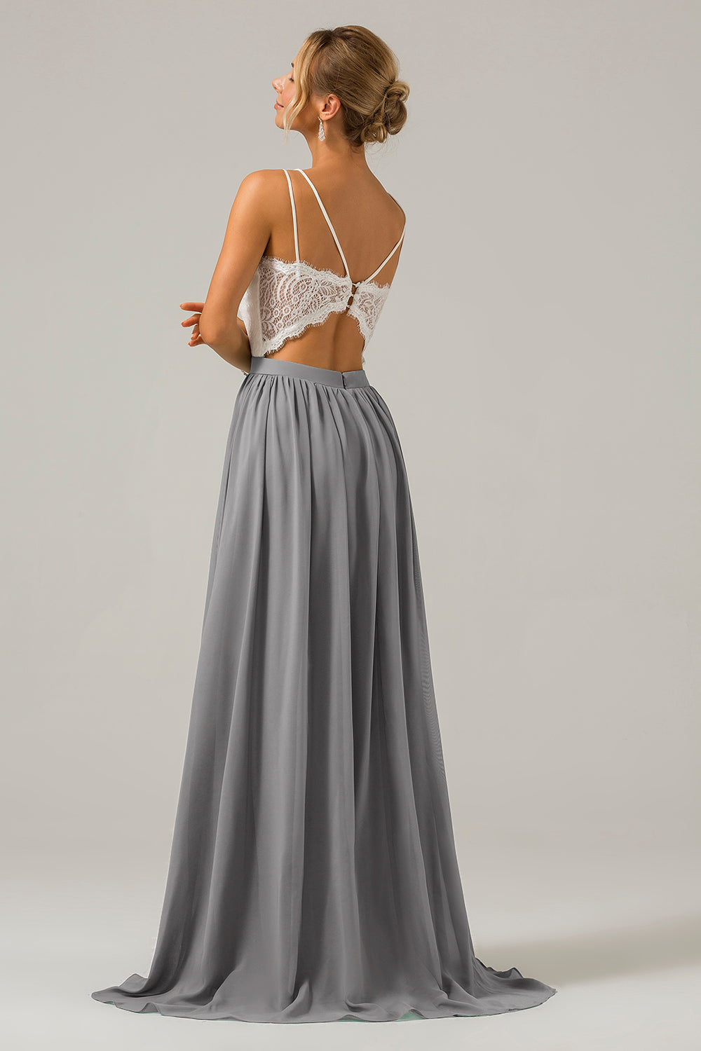 Silver A-Line Spaghetti Straps Pleated Long Bridesmaid Dress With Lace