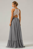 Silver A-Line Halter Pleated Keyhole Chiffon Bridesmaid Dress With Lace