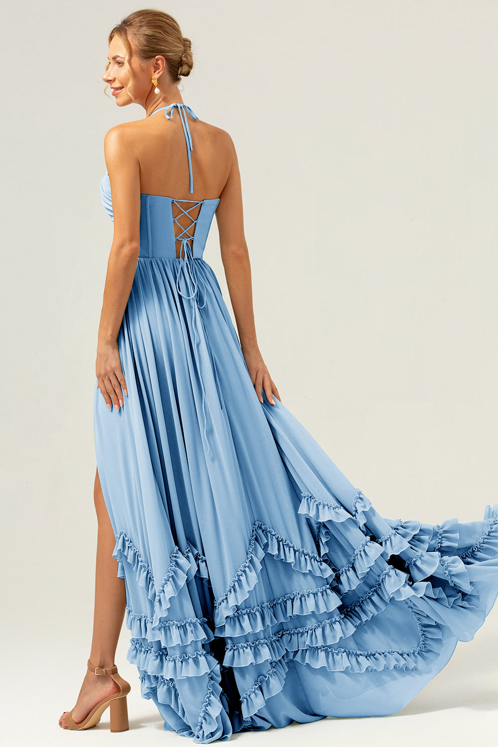 Peacock Halter Ruffled Chiffon Corset Bridesmaid Dress with Slit