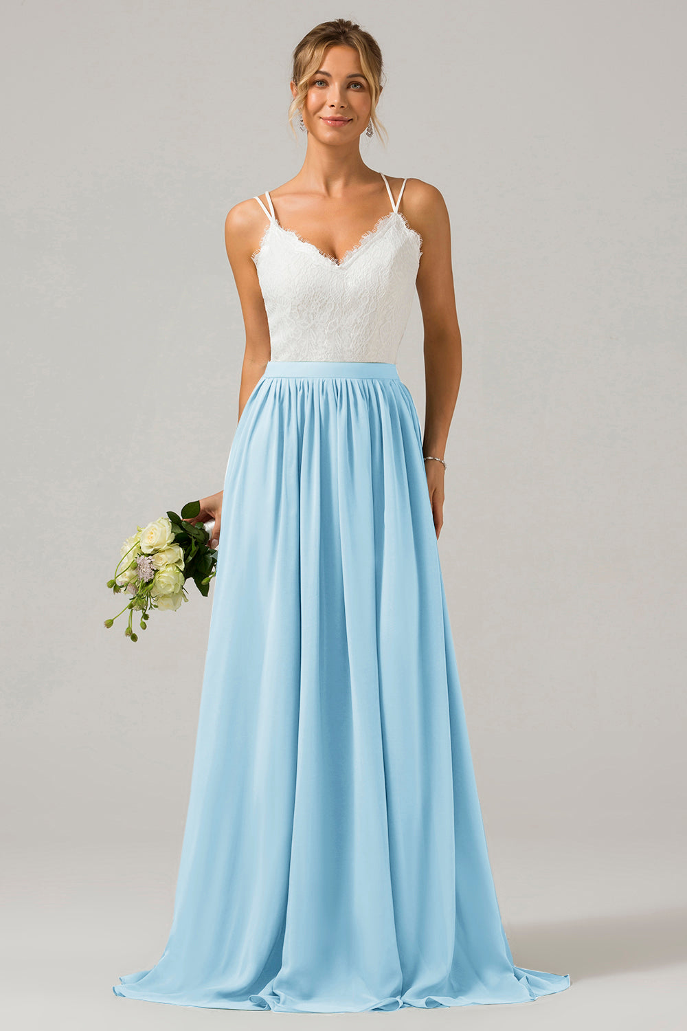 Silver A-Line Spaghetti Straps Pleated Long Bridesmaid Dress With Lace