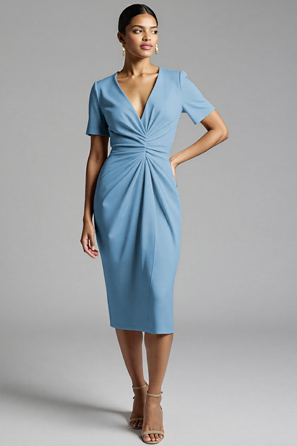 Tahiti V-Neck Bodycon Midi Satin Work Dress with Sleeves
