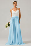 Silver A-Line Spaghetti Straps Pleated Long Bridesmaid Dress With Lace
