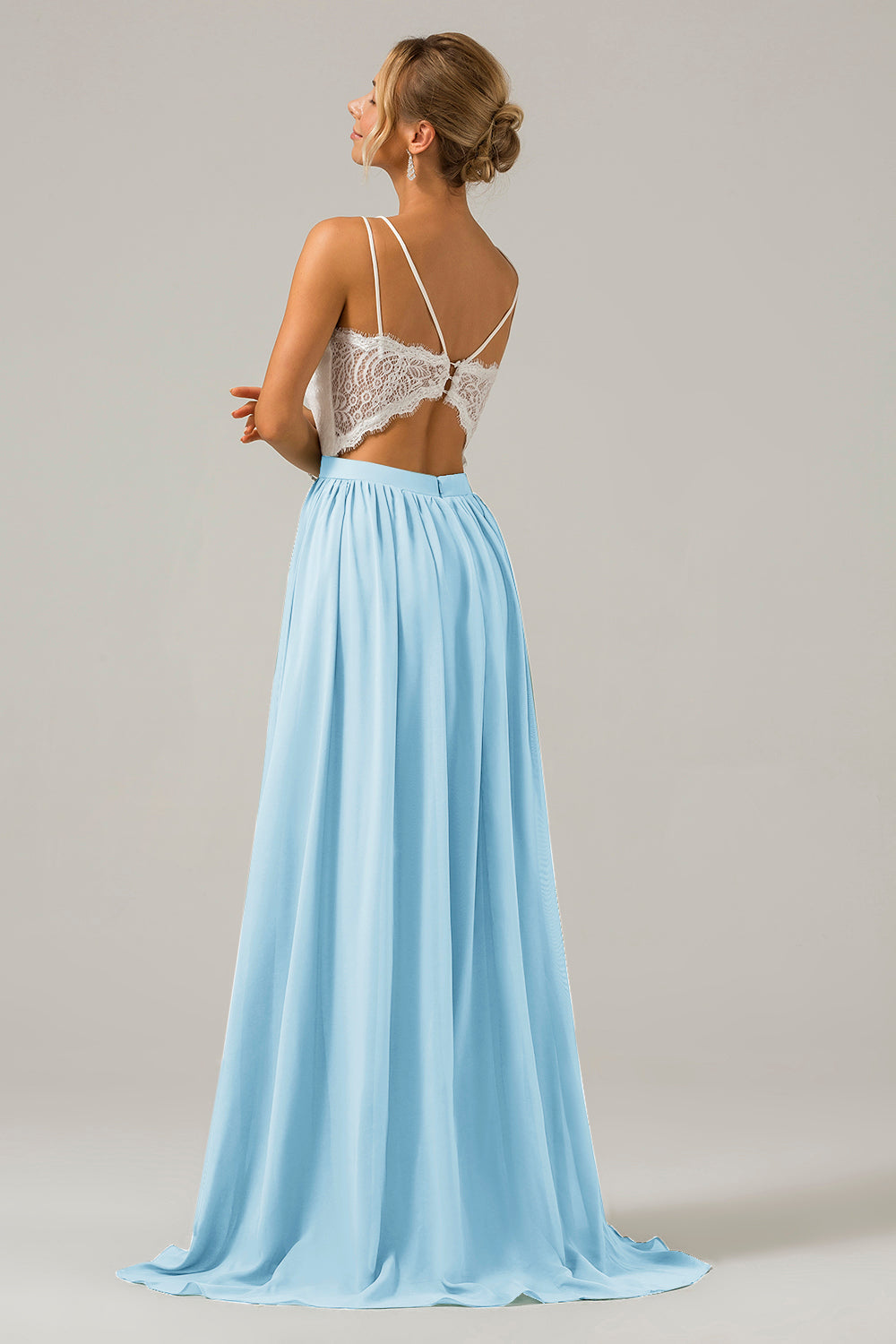 Silver A-Line Spaghetti Straps Pleated Long Bridesmaid Dress With Lace