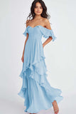 Dusty Sage Ruffled Off the Shoulder Flowy A Line Maxi Formal Dress