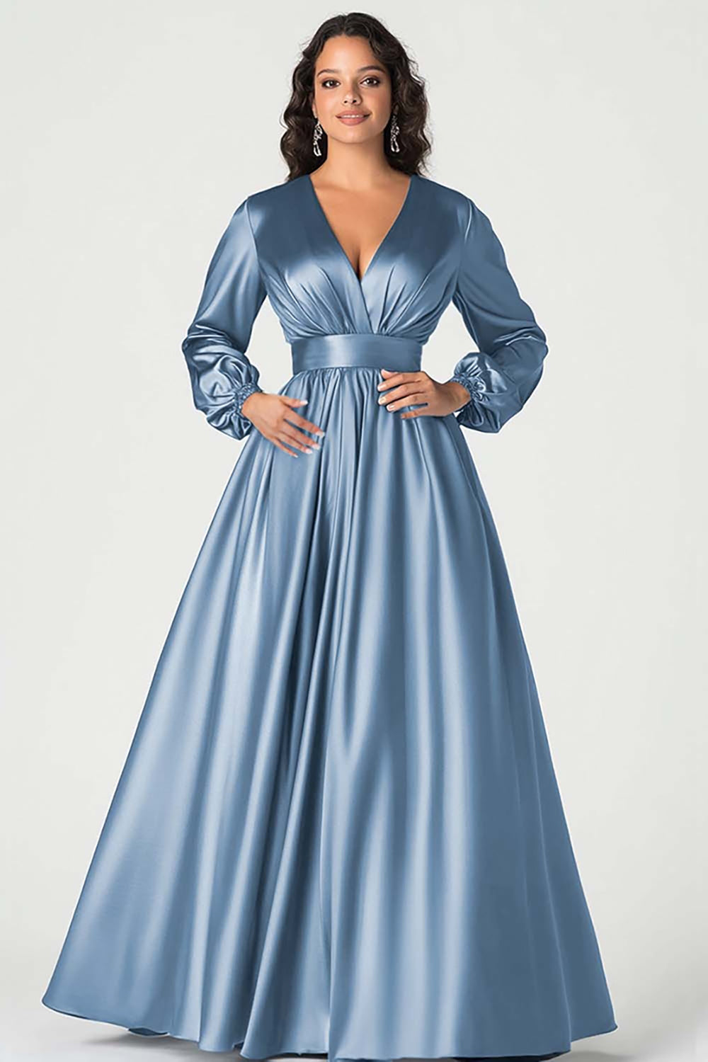 A-Line Peacock Satin Mother of the Bride Dress with Long Sleeves