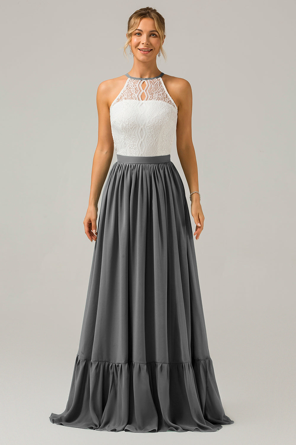 Silver A-Line Halter Pleated Keyhole Chiffon Bridesmaid Dress With Lace
