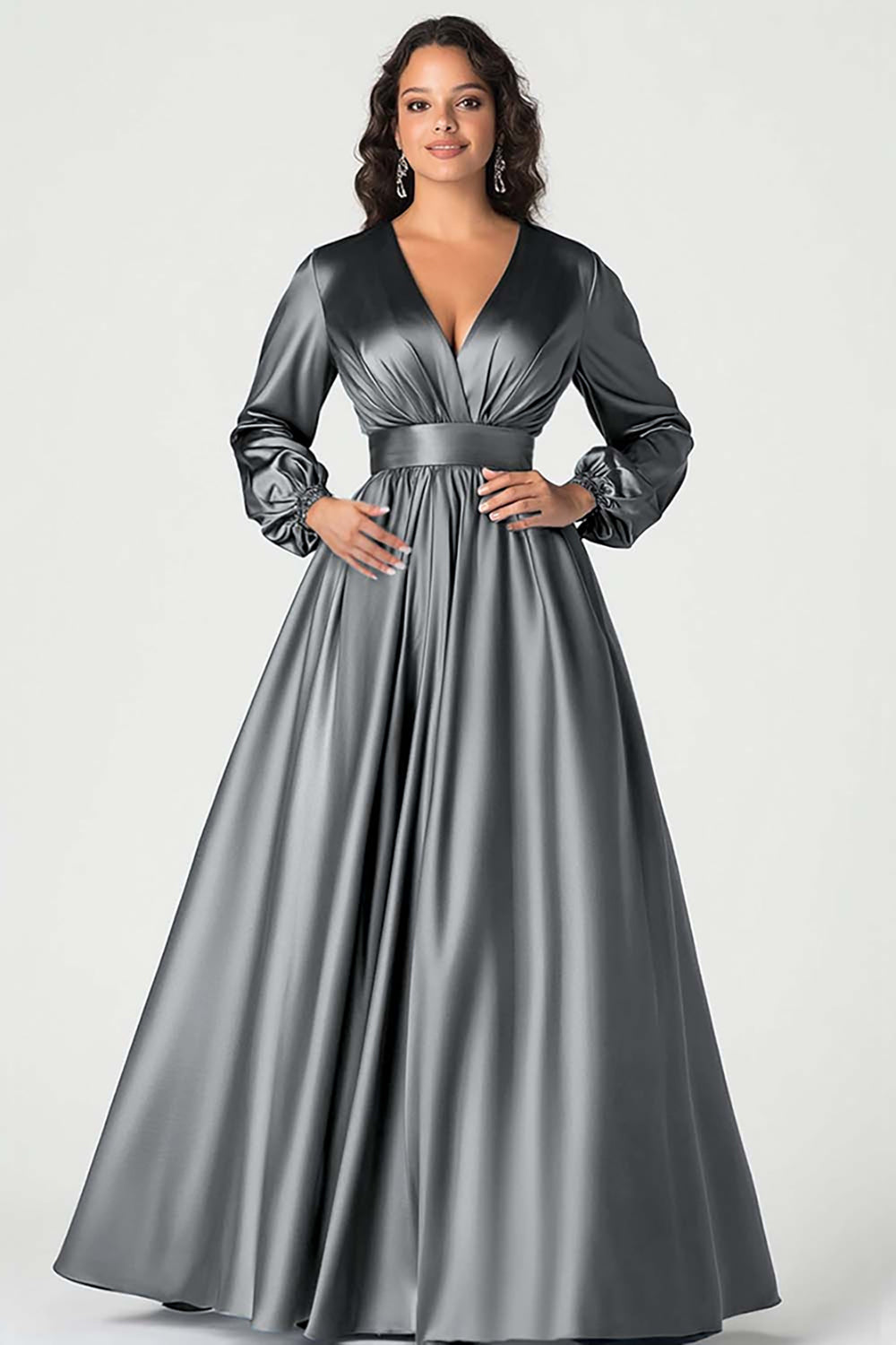A-Line Peacock Satin Mother of the Bride Dress with Long Sleeves