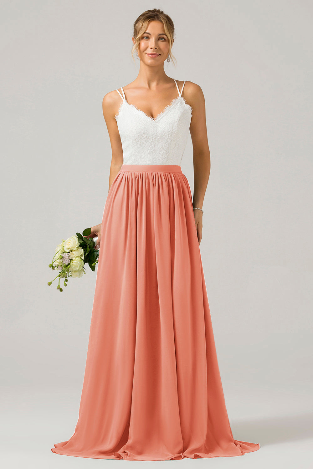 Silver A-Line Spaghetti Straps Pleated Long Bridesmaid Dress With Lace