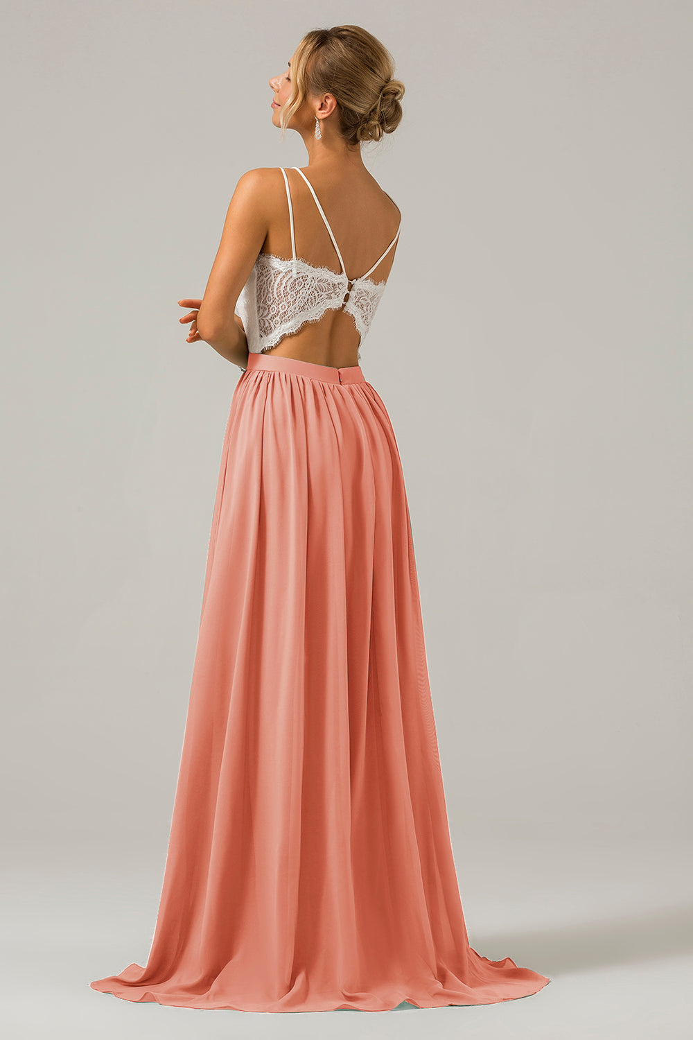 Silver A-Line Spaghetti Straps Pleated Long Bridesmaid Dress With Lace