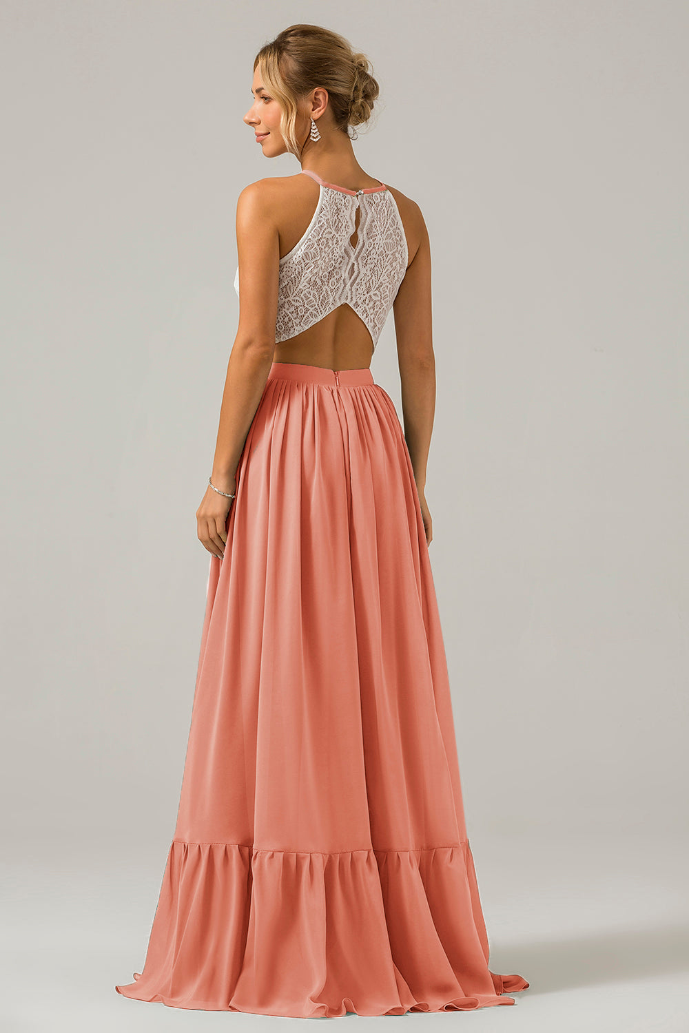 Silver A-Line Halter Pleated Keyhole Chiffon Bridesmaid Dress With Lace