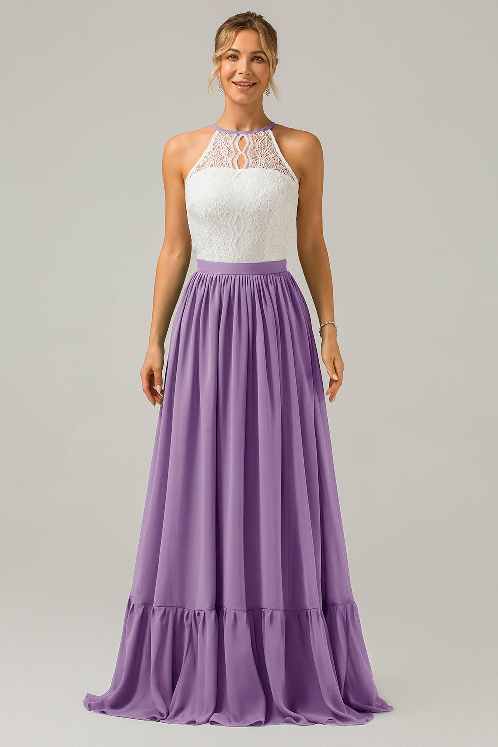 Silver A-Line Halter Pleated Keyhole Chiffon Bridesmaid Dress With Lace