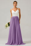 Silver A-Line Spaghetti Straps Pleated Long Bridesmaid Dress With Lace