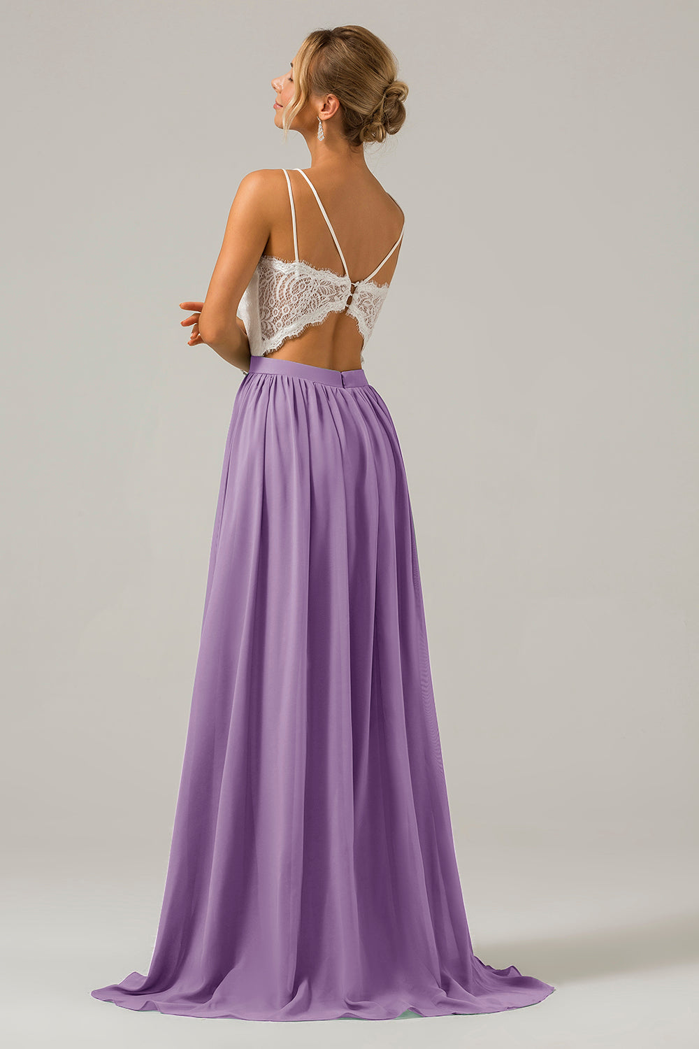 Silver A-Line Spaghetti Straps Pleated Long Bridesmaid Dress With Lace