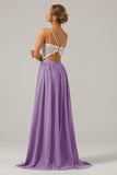 Silver A-Line Spaghetti Straps Pleated Long Bridesmaid Dress With Lace