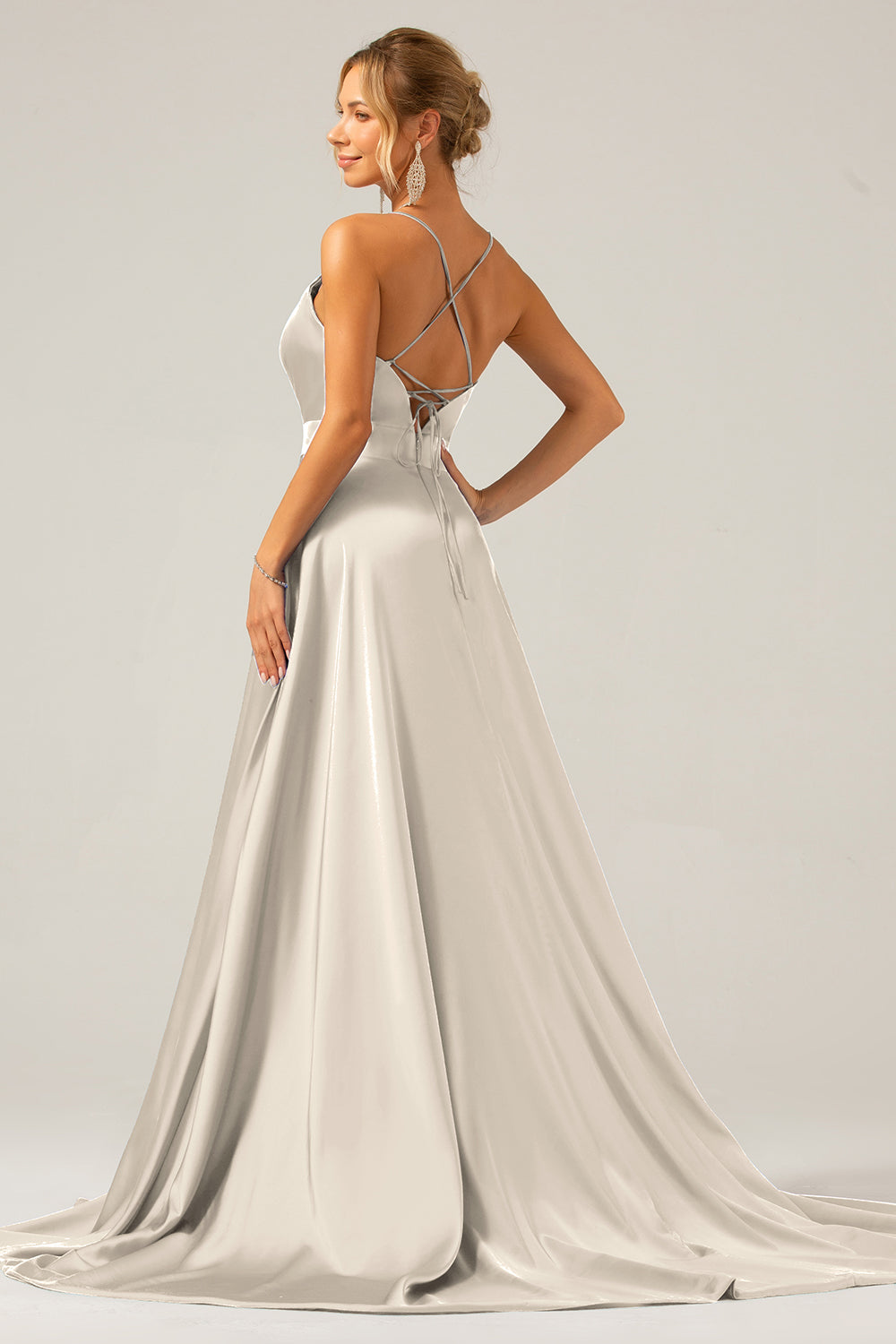 A Line Satin Dusty Blue Spaghetti Straps Prom Dress with Slit
