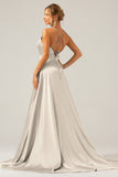 A Line Satin Dusty Blue Spaghetti Straps Prom Dress with Slit