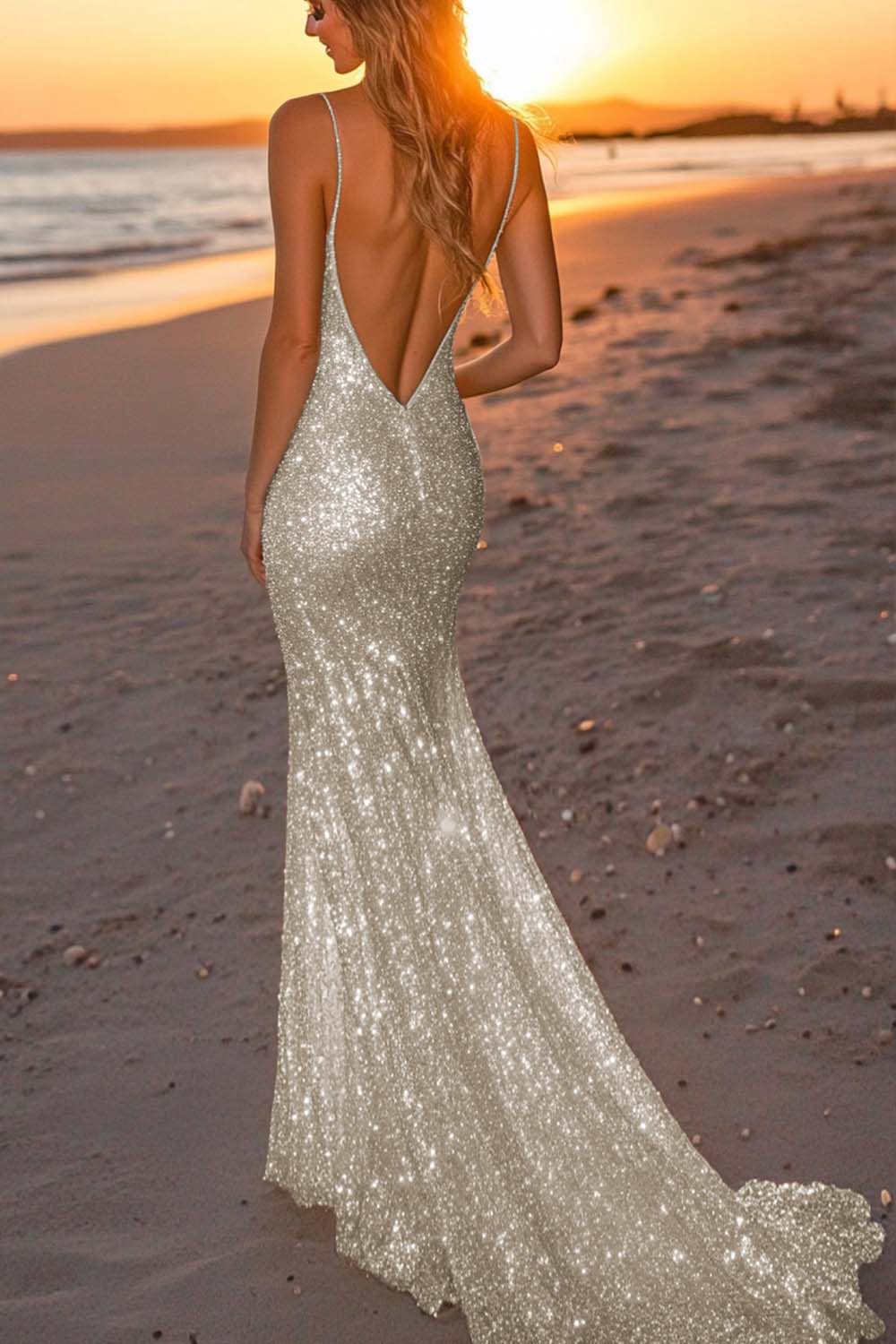 Sparkly Plum Spaghetti Straps Sequined Mermaid Formal Dress