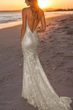 Sparkly Plum Spaghetti Straps Sequined Mermaid Formal Dress
