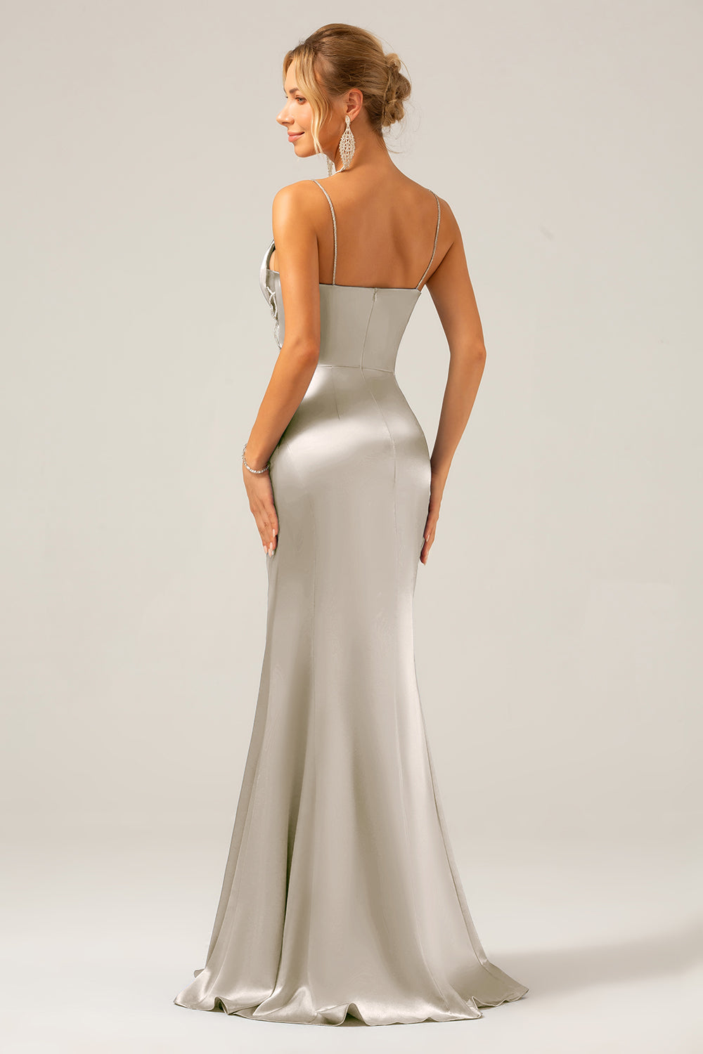 Dusty Blue Mermaid Satin Spaghetti Straps Long Bridesmaid Dress