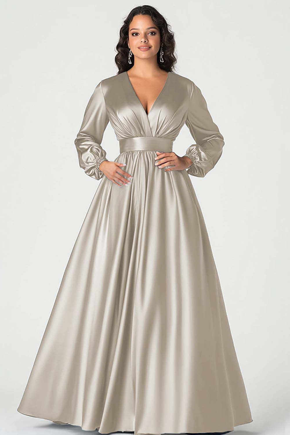 A-Line Peacock Satin Mother of the Bride Dress with Long Sleeves