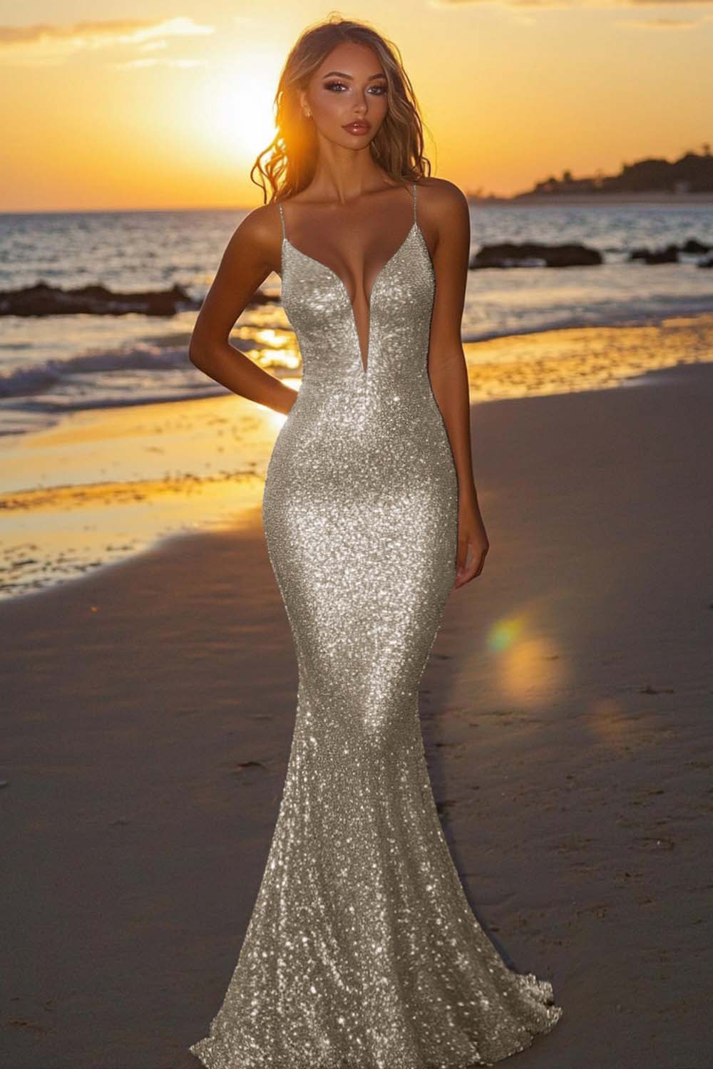 Sparkly Plum Spaghetti Straps Sequined Mermaid Formal Dress