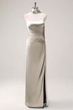 Blushing Pink Satin Scoop Neck Sheath Bridesmaid Dress with Ribbon