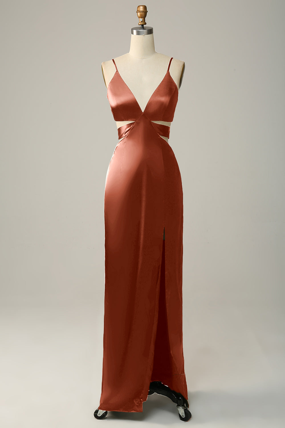 Dusty Rose Spaghetti Straps Cut Out Long Bridesmaid Dress with Slit