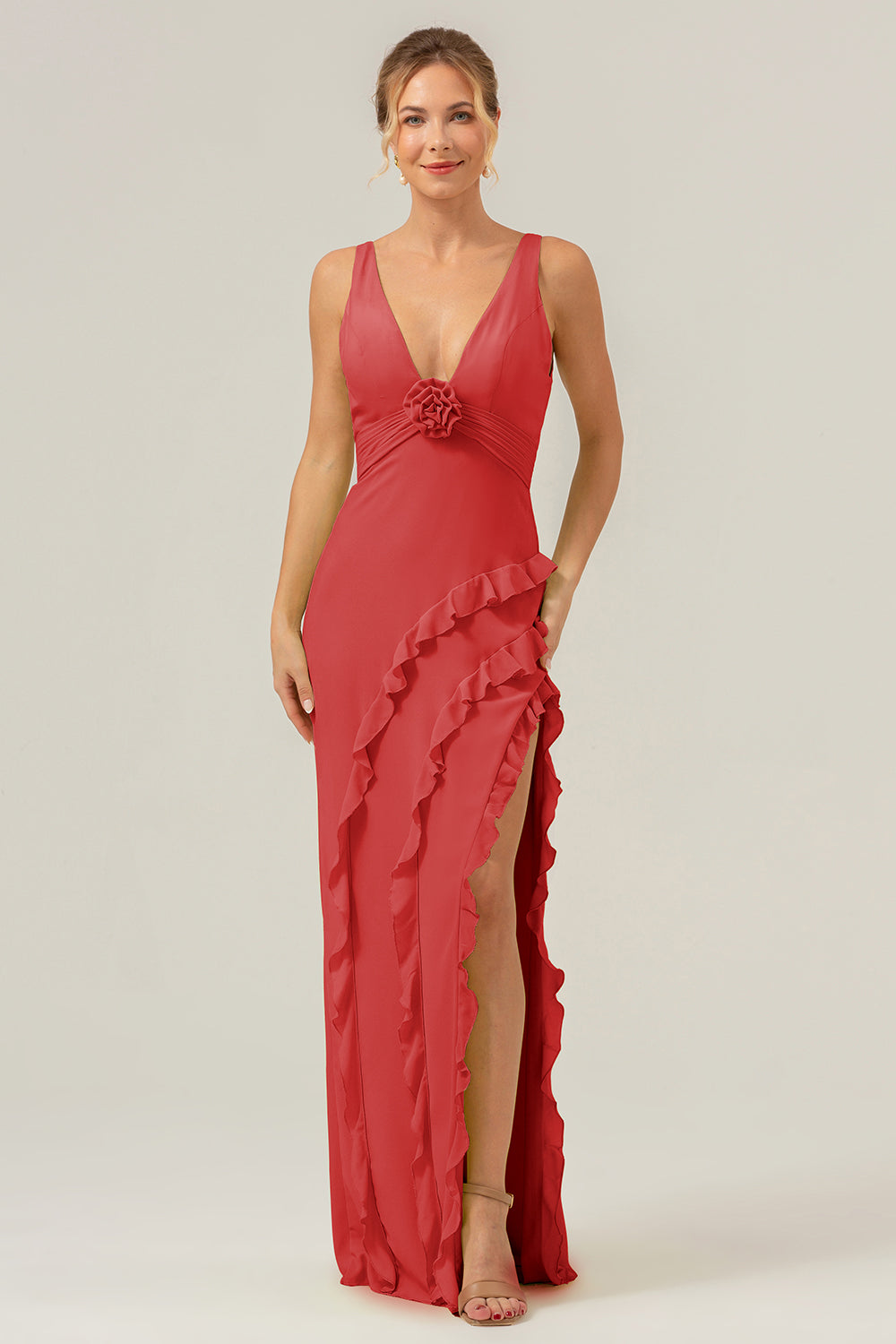 Terracotta V Neck Ruffled Sheath Flower Bridesmaid Dress with Slit