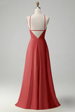 Terracotta Halter Keyhole Backless A Line Bridesmaid Dress with Flower