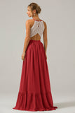 Terracotta A-Line Halter Pleated Keyhole Chiffon Bridesmaid Dress With Lace