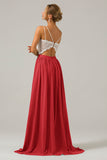 Terracotta A-Line Spaghetti Straps Pleated Long Bridesmaid Dress With Lace