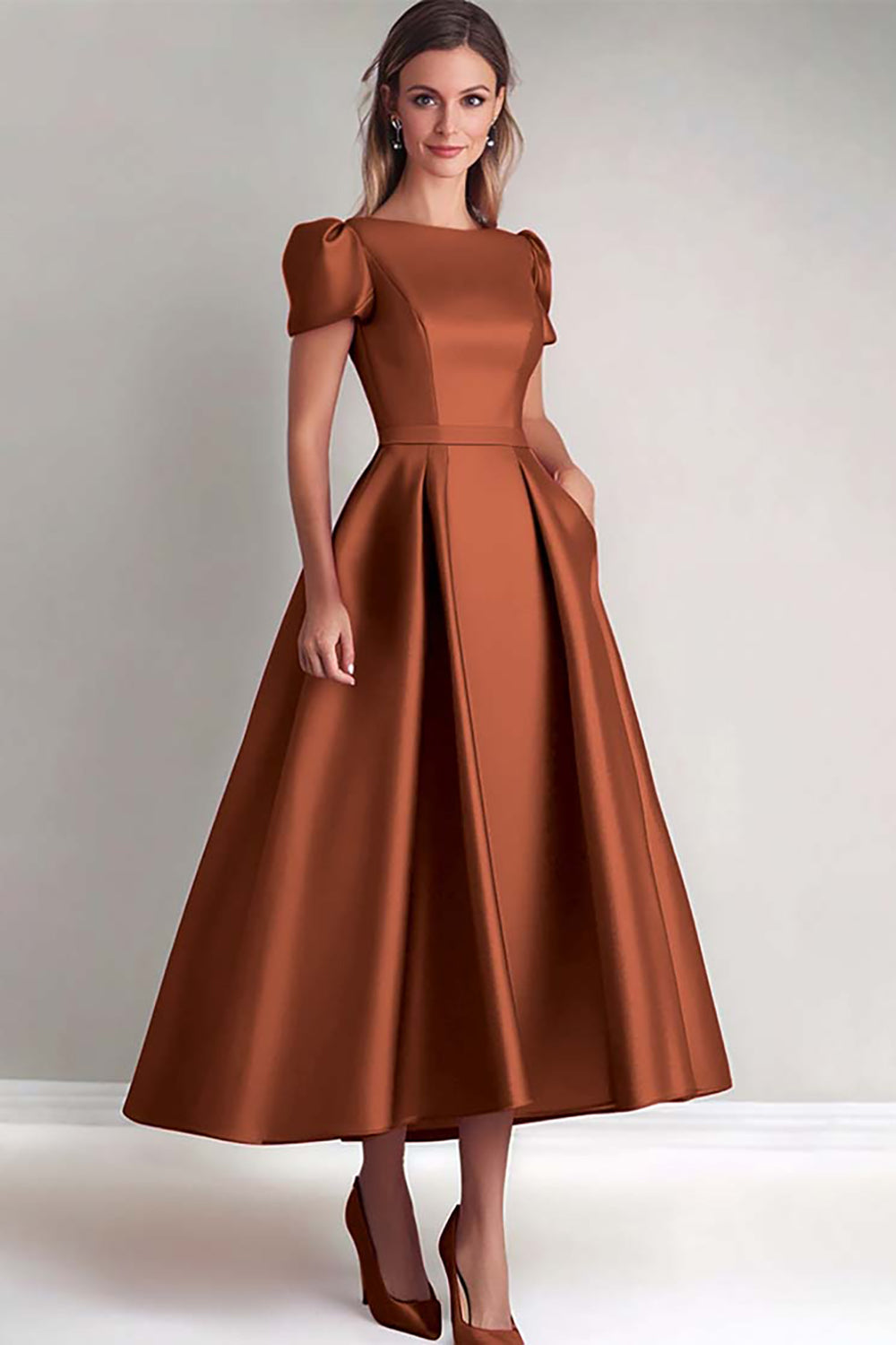 Terracotta A-Line Short Sleeves Satin Mother of the Bride Dress
