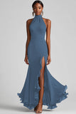 Terracotta Halter Sheath Ruffle Formal Dress with Slit
