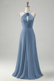 Terracotta Halter Keyhole Backless A Line Bridesmaid Dress with Flower