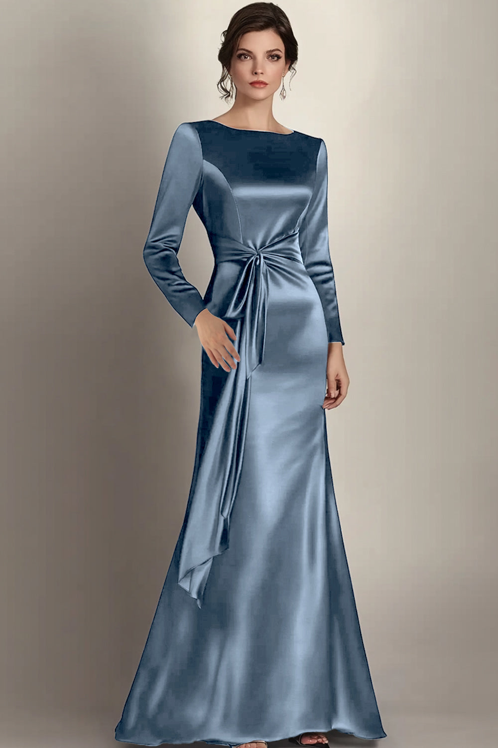 Satin Mermaid Terracotta Long Sleeves Mother of the Bride Dress with Sash