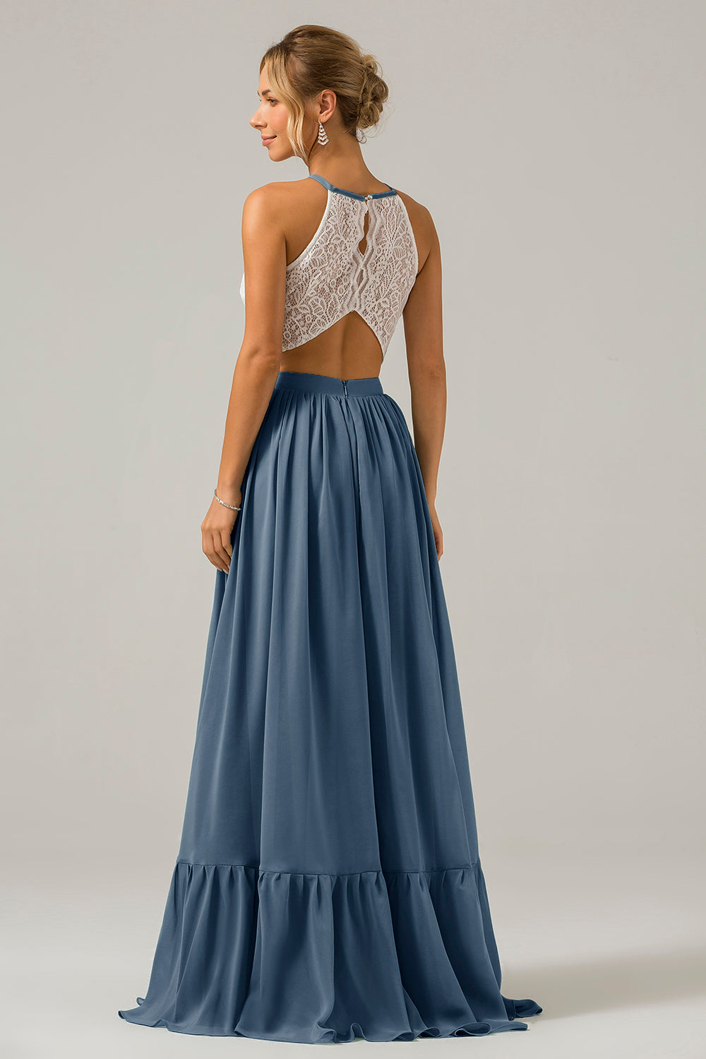 Terracotta A-Line Halter Pleated Keyhole Chiffon Bridesmaid Dress With Lace