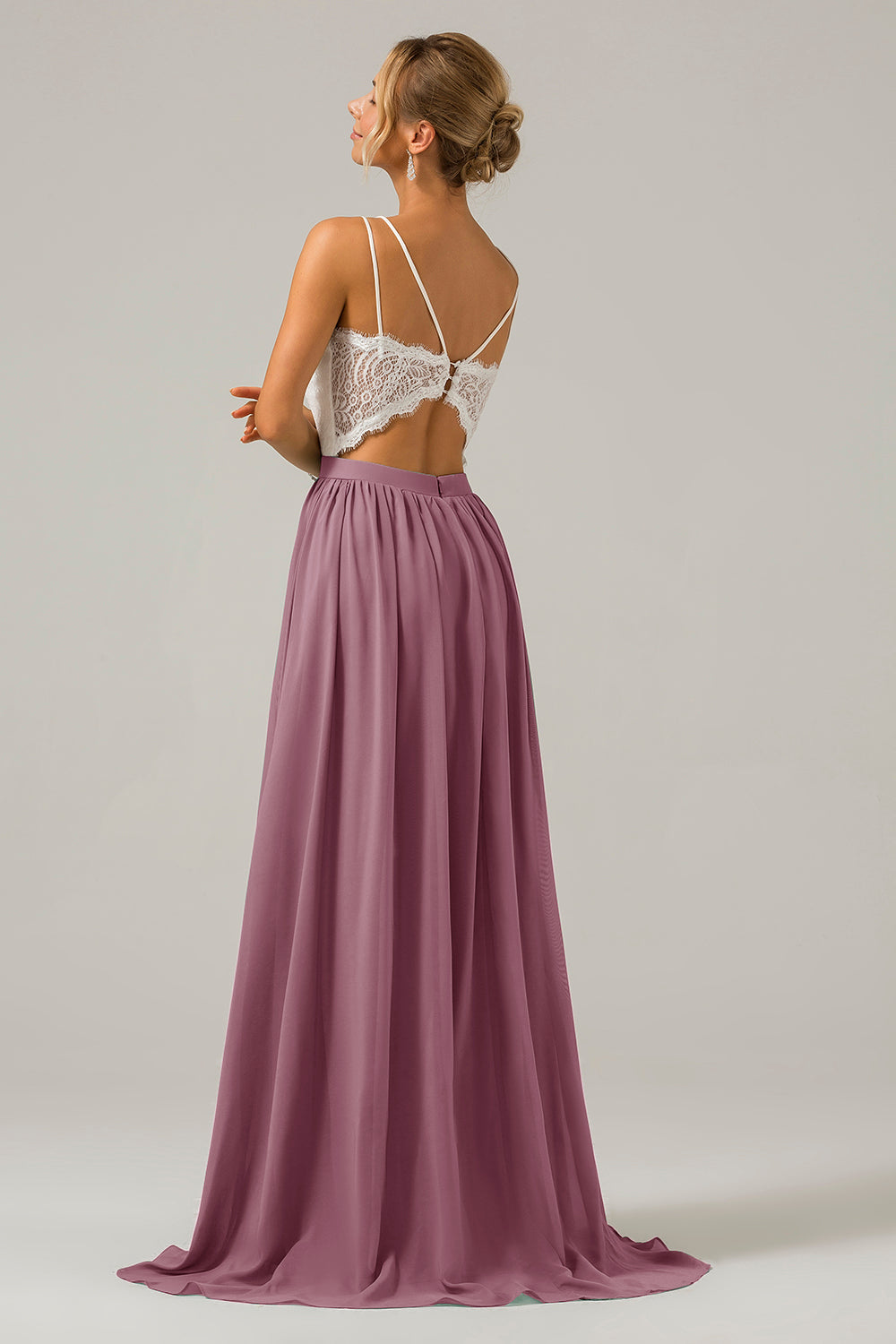 Terracotta A-Line Spaghetti Straps Pleated Long Bridesmaid Dress With Lace