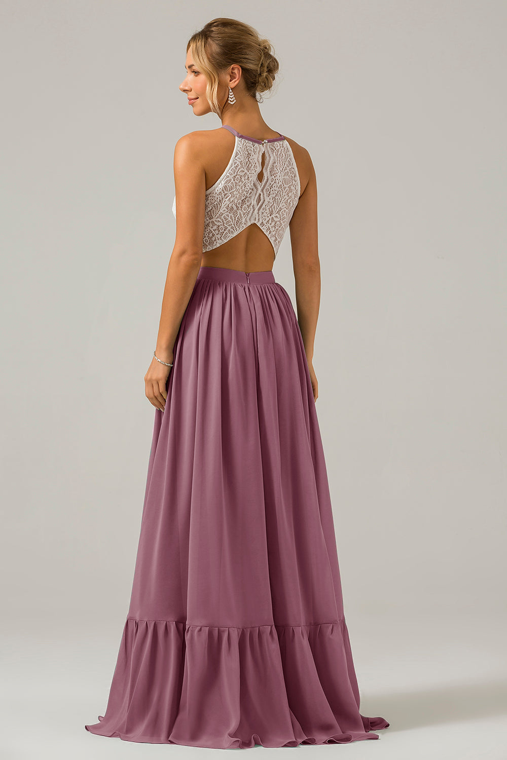 Terracotta A-Line Halter Pleated Keyhole Chiffon Bridesmaid Dress With Lace