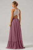 Terracotta A-Line Halter Pleated Keyhole Chiffon Bridesmaid Dress With Lace