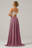 Terracotta A-Line Spaghetti Straps Pleated Long Bridesmaid Dress With Lace