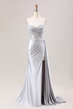 Silver Sweetheart Corset Applique Mermaid Satin Long Prom Dress