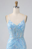 Sparkly Light Blue Mermaid Spaghetti Straps Long Prom Dress With Beading