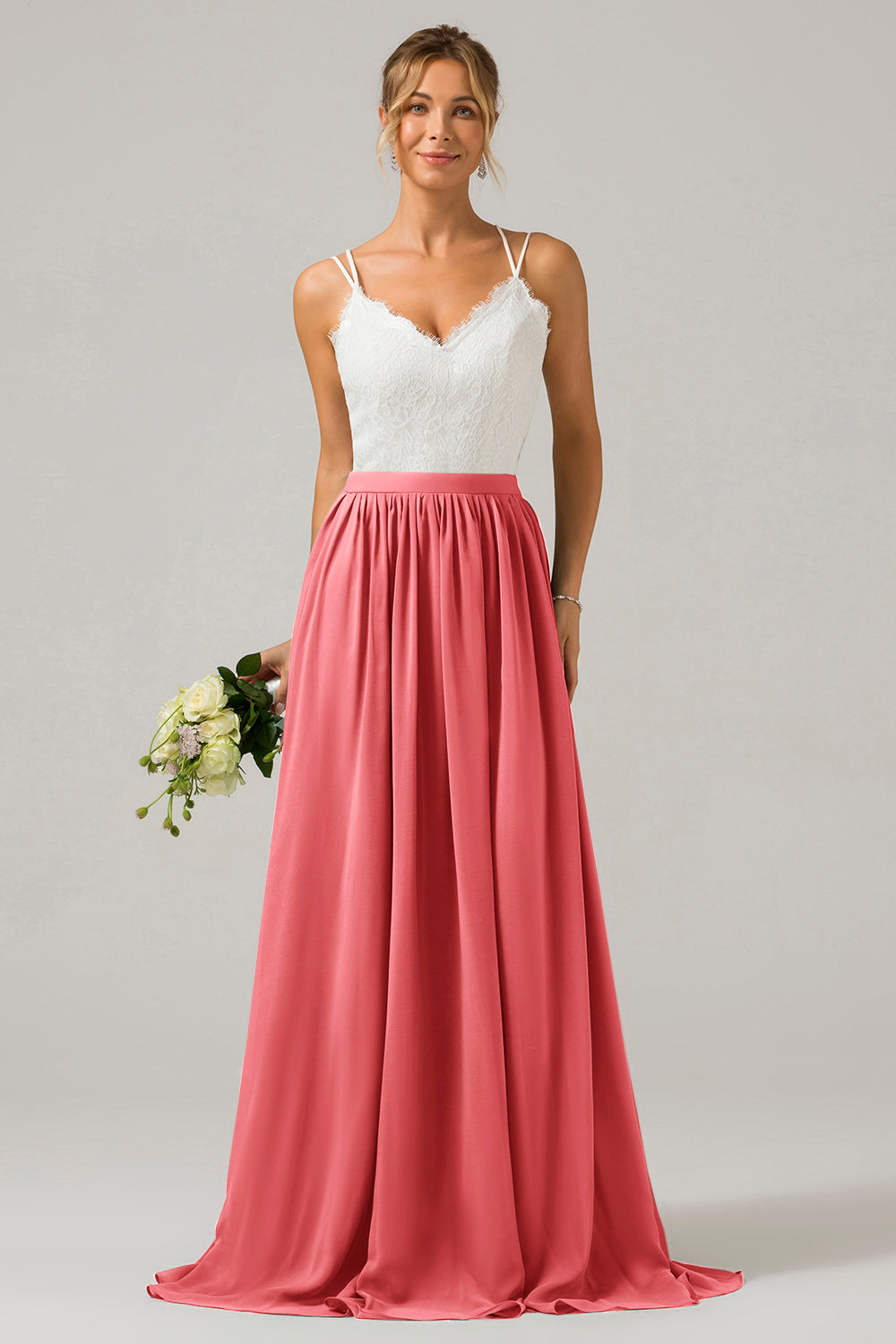 Terracotta A-Line Spaghetti Straps Pleated Long Bridesmaid Dress With Lace