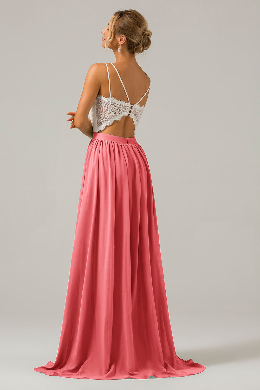 Terracotta A-Line Spaghetti Straps Pleated Long Bridesmaid Dress With Lace