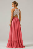 Terracotta A-Line Halter Pleated Keyhole Chiffon Bridesmaid Dress With Lace