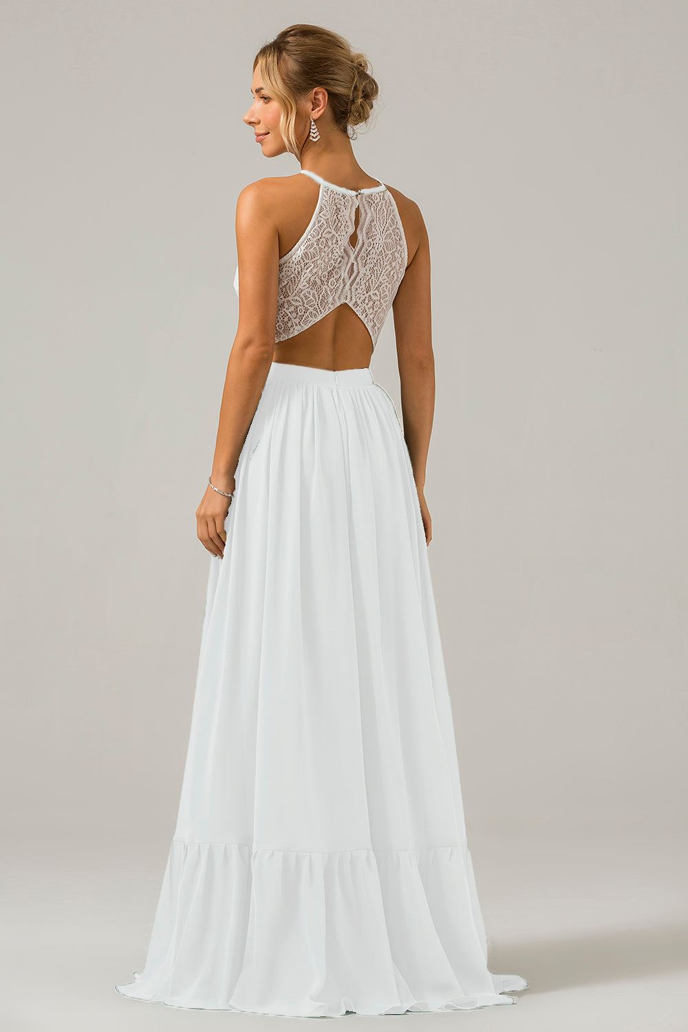 Terracotta A-Line Halter Pleated Keyhole Chiffon Bridesmaid Dress With Lace