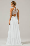 Terracotta A-Line Halter Pleated Keyhole Chiffon Bridesmaid Dress With Lace