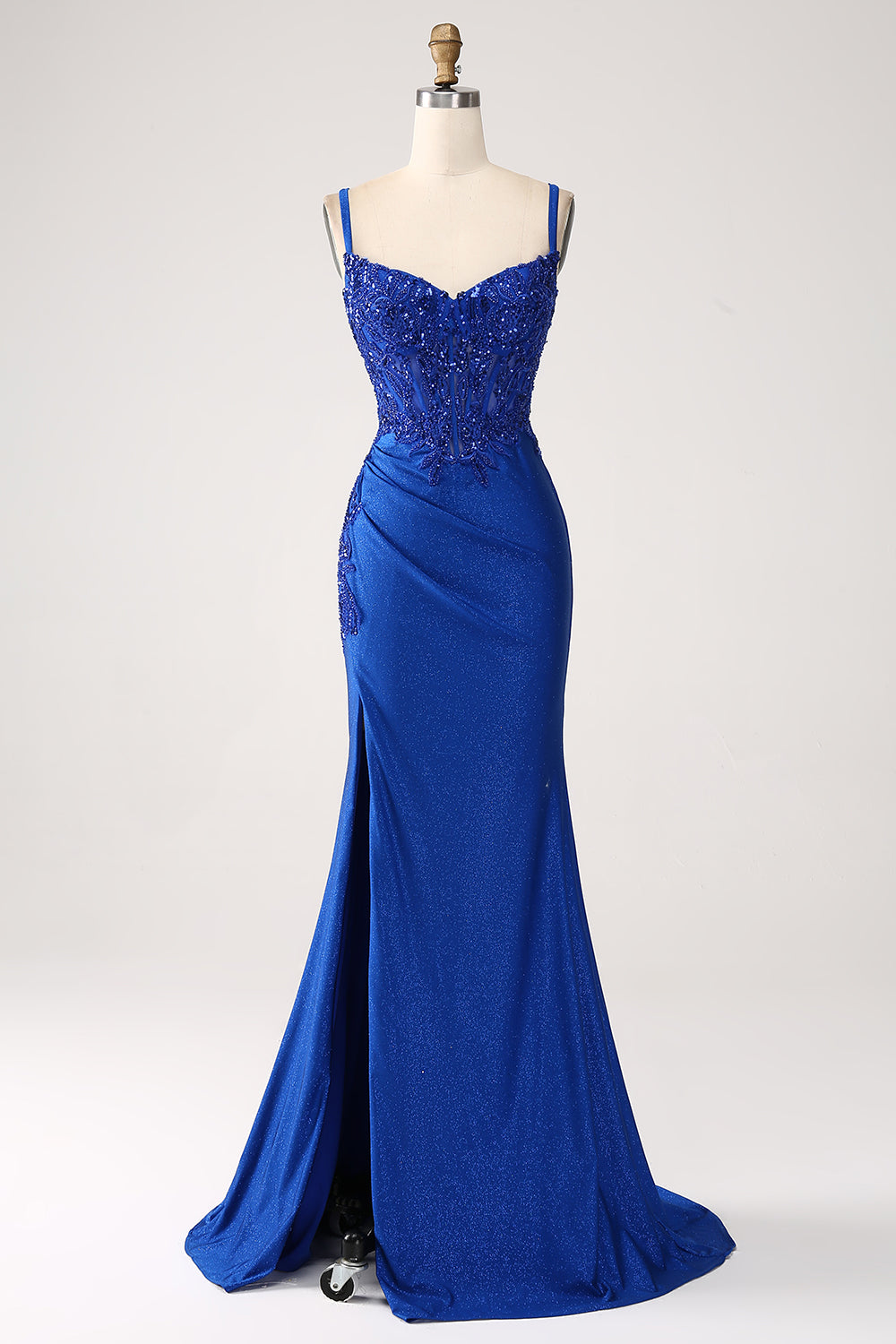 Leely Women Royal Blue Prom Dress Glitter Beaded Mermaid Spaghetti Straps Long Formal Dress with Slit